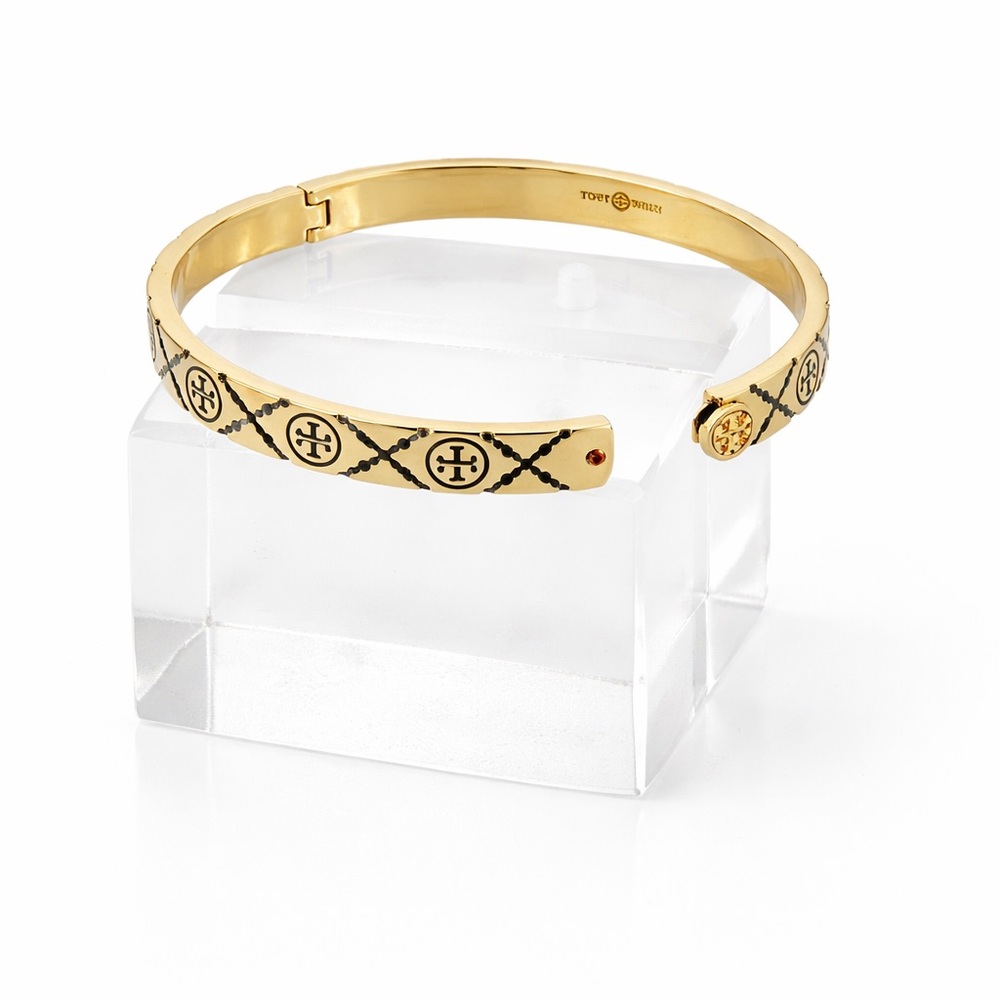 Tory Burch Monogram enamel miller stud hinge bracelet in black and gold tone. - Picture 5 of 7